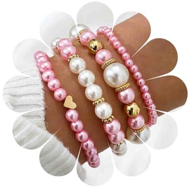 Cybche Boho Layered Pearl Bracelet Set Gold Ball Beaded Bracelet Wedding Pearl Bead Stackable Stretch Elastic Bracelets Tiny Love Heart Bangle Anklet Wrist Jewelry for Women