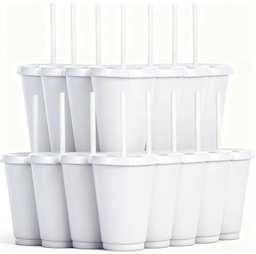 Yisituo Confezione da 15 bicchieri di plastica riutilizzabili da 480 ml, con coperchio e cannuccia, per bevande fredde, caffè freddo, viaggi e frullati (15, bianco)