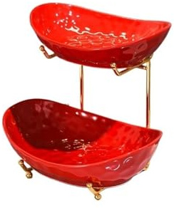 Bamboo Sea Cuencos de frutas, Frutero de cerámica escalonado de metal rojo con bandeja for servir Cuencos de frutas para la mesa(S)