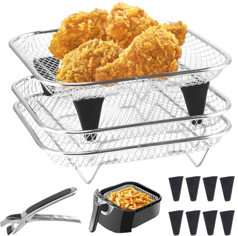 3 unidades de estantes para freidora de aire caliente, cesta para freidora de aire caliente 304, cesta de acero inoxidable, apilable, racks fritteuse freír, cestas de acero inoxidable para airfryer