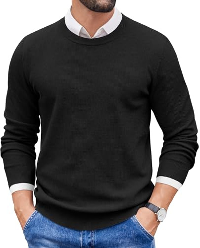 COOFANDY Hombres Jersey de Cuello Redondo Manga Larga Suéter de Invierno Ligeros Informales Jersey de Punto Negro L