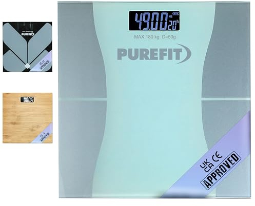 PUREFIT Digital Bathroom Scale for Measuring Body Weight - Ultra Slim, High Precision, Smart Scale with LED Display – Tempered Glass - Weighing Scale with Battery Included LB/KG/ST Max Weight 180KG