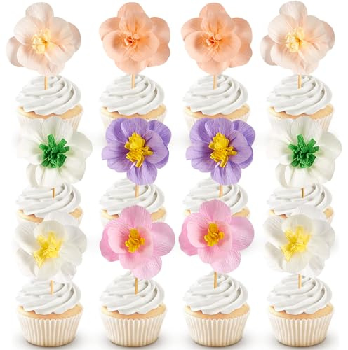 SUNBEAUTY 12PCS Paper Flowers Cake Topper Decor Pastel Daisy Flower Cupcake Toppers Daisy Birthday Party Dinnerware Decorations for Fairy Birthday Party Supplies (12 Guests)