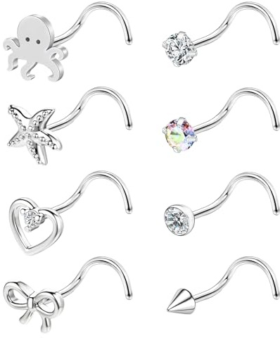 ZS 8Pcs 20G Stainless Steel Heart CZ Nose Studs l Shaped Corkscrew Nose Piercing Jewelry Gold Silver, Hypoallergenic Nose Rings Studs Set For Women Men (SetA, Silver, Corkscrew)