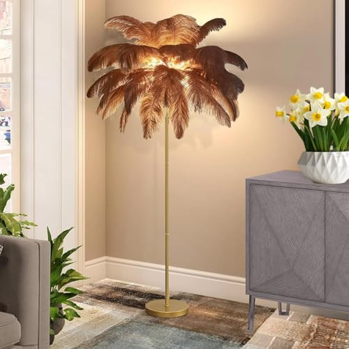 Federlampe Stehlampe aus Natürlichen Straußenfedern, 3-Farbig Dimmbarem | 160cm Hoch, für Wohnzimmer, Schlafzimmer, Lesen, Büro