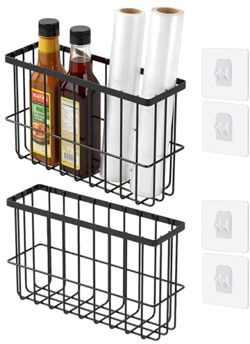 Lae Nuvole 2Pcs Peel and Stick Cabinet Door Organizer - Kitchen Foil and Plastic Wrap Organizer, Metal Wire Wall Basket Storage - Maximize Space for Kitchen,Bathroom,RVs,Dorm,Pantry (Black)