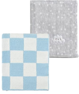 CREVENT 2 x 75 x 100cm süße, gemütliche, Flauschige warme Babydecken für Säuglinge, Kleinkinder, Bettwäsche, Kinderbett, Kinderwagen – graue Wolke + Strick, kariert, Blau