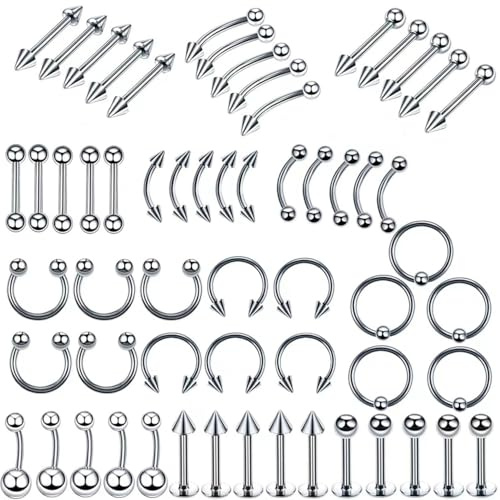 Srumvoat 60PCS Piercing Jewellery Set, 12 Styles Surgical Steel Body Jewelry, Hypoallergenic & Durable, with Curved Barbells, Lip Bars, Eyebrow Rings, Tongue Piercing Bars & Belly Nose Hoop Rings