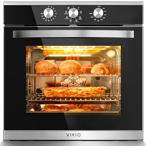 VIKIO HOME Single Wall Oven 24, 2.83 Cu.Ft-80L with 8 Functions Built-in 24 Electric Wall Oven, 240V, 3220W Fast Preheat, Mechanical Knob Control for Easy Cooking