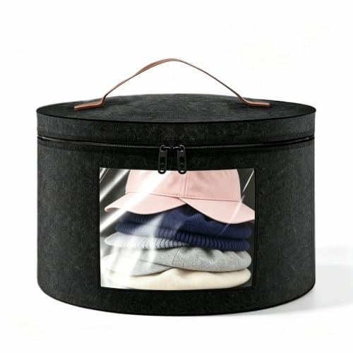 Wroanlu Round Felt Hat Boxes with Lids, 43 x 26cm Foldable Hat Storage Organiser with Clear Window & Carry Handle for Travel and Wardrobe
