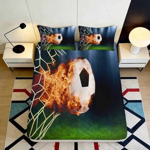 Drap Housse 3D Imprimé Football en Flamme Microfibre, Poche Profonde, Antidérapant, Ensemble Linge Lit Football Flamme Mattress Fitted Cover Adulte Lavable 90x200x25cm 90x200x25cm
