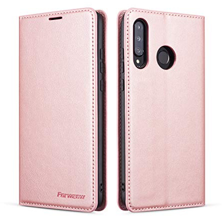 QLTYPRI Hülle für Huawei P30 Lite, Premium Dünne Ledertasche Handyhülle mit Kartenfach Ständer Flip Schutzhülle Kompatibel mit Huawei P30 Lite - Rosegold | Retro PU Leder Klapphülle, Handyhülle mit 3 Kartenfächer, Standfunktion, Weicher Dünne TPU-Rahmen, Stoßfeste Flip Wallet Case