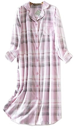 DSKK Nattlinne för kvinnor, långärmat, bomull, flanell, med knappslå pyjamas, nattkläder, dam, M