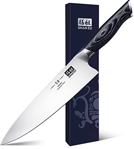 SHAN ZU Kochmesser Küchemesser 20CM Extra Scharfe Profi Messer aus Hochwertigem Carbon Edelstahl Chefmesser mit Ergonomischer K133 Holzgriff