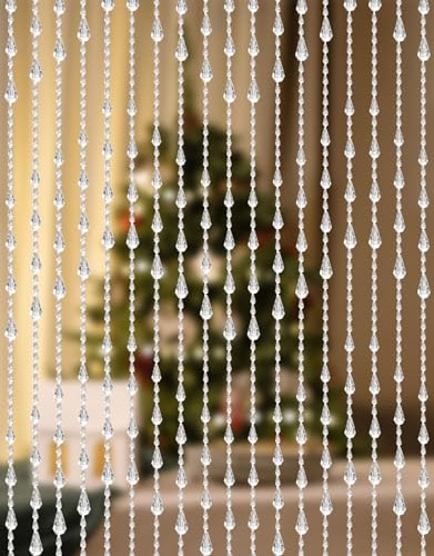 GeeComfy Crystal Beaded Curtain 35.5 x 79 Inches 45 Strands Acrylic Hanging Door Beads String Curtain Room Divider for Doorway Window Living Room Bedroom Decor, Wave Pattern - White