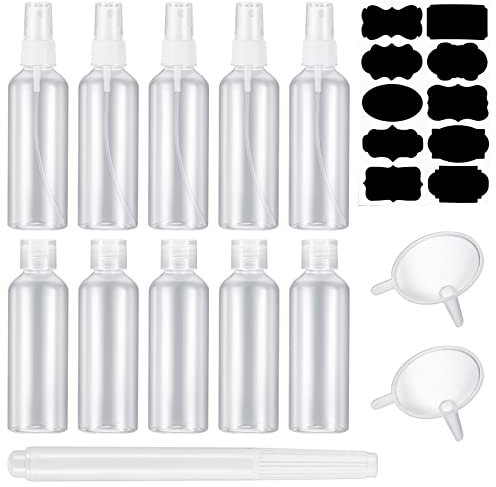 10 Piezas 100 ml Botellas de Viaje(5 Botellas con Tapa Abatible, 5 Botellas Spray) Botellas de Plástico Reutilizables Vacías para Cosméticos Champú, con 2 Embudos, 1 Etiqueta, 1 Bolígrafo