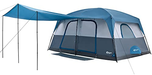 Portal 10 Person Camping Tent with Porch, Big Family Cabin Tent with 2 Rooms, 2 Doors, 2 Ground Vents, 6 Large Mesh Windows, Divided Curtain for Camping, Outdoor, Traveling, Water Resistant, Blue