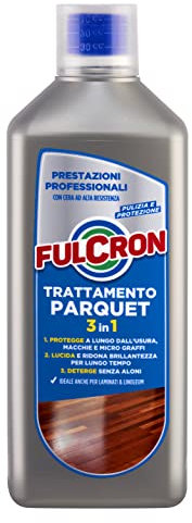 FULCRON Trattamento Parquet 3in1 - Protegge, Lucida e Deterge, Pulizia Pavimenti Anche Laminati e Linoleum, Protegge Pavimento, Dona Brillantezza, Deterge Senza Aloni, Profumo di Arancia e Miele, 1L