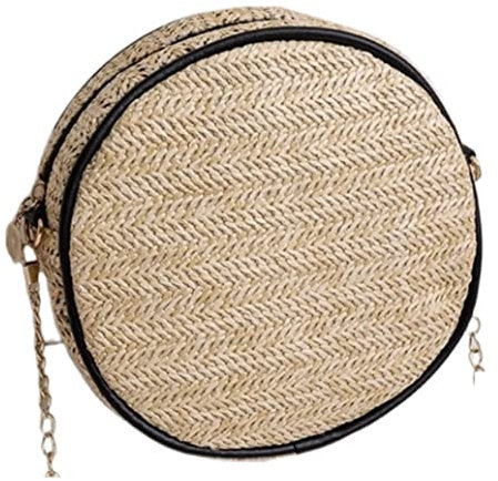 Strohsack Stroh Strandtasche Strohtasche Damen Runde Umhängetasche Sommer Handgefertigt Gewebte Umhängetaschen Damen Ketten Kreis Strand Handtaschen Korbtasche Geflochten (Blue : Bronze)