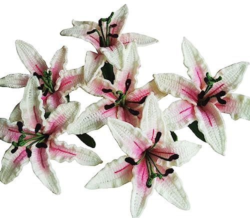 Handmade Lily Flowers, Crochet Lily Artificial Flower, Crochet Plants for Valentine's Day, Mother's Day, Anniversaries and Home Decoration (Pink&White, 6pcs)