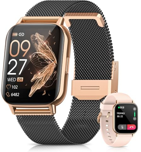 BANLVS Smartwatch Damen mit Telefonfunktion/Bluetooth Anrufe 5.3, Armbanduhr Menstruationszyklus, Pulsuhr, Schlafmonitor, SpO2, IP68 Wasserdicht Schrittzähler Fitness Tracker iOS Android Schwarz Gold