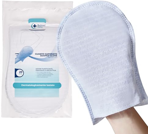 QUIMED ITALIA - lot de 80 gant de toilette jetable de haute qualité avec un savon pH physiologique doux, gants de toilette jetables à usage unique, gants nettoyage bain personne agée, enfant, bebe