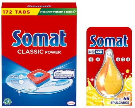 SOMAT Tabs 172 AW Classic Power, Geschirrspül Tabs mit Fettlösekraft für kraftvolle Reinigung, für sauberes Geschirr + Somat Duo Power Experten Deo Perls 60 AW Zitrone & Orange Duft 17g