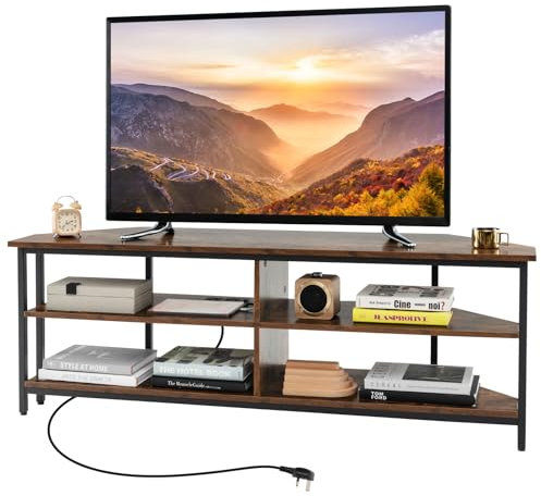COSTWAY TV Stand with Charging Station for TVs up to 60 Inches, Corner TV Cabinet Media Entertainment Center with Storage Shelves, 140cm TV Unit Console Table for Living Room Bedroom (Rustic Brown)