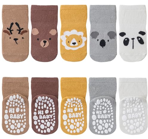 SockWaddles calzini antiscivolo bambino, 5 paia di calzini neonato in cotone traspirante con suola ABS, calze gattonanti per bambini e bambine con animali, 1-3 anni