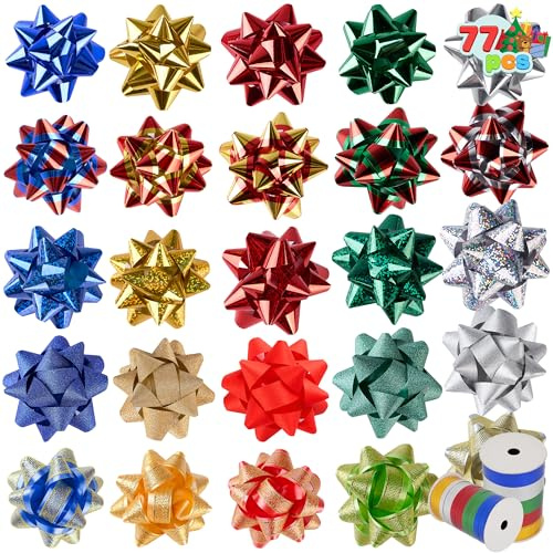 JOYIN 75 Stück Geschenkschleifen zum Verpacken von Geschenken und 10 Rollen Kräuselbänder zum Verpacken von Geschenken, 5 Farben Selbstklebende Weihnachtsschleifen in großen Mengen, Dekoration