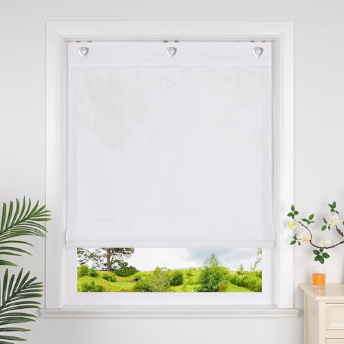 Heichkell Raffrollo mit Ösen Halbtransparent Raffgardine Küche Rollo Einfarbige Gardine Weiß BreitexHöhe 120x140 cm