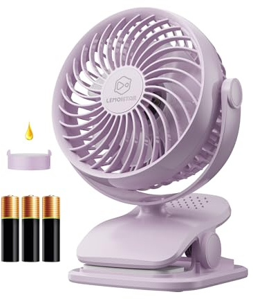 AA Battery/USB Powered Clip Fan (Batteries Not Included) ,5'' Small Personal Fan for Dorm with Aroma Function, 4-Speed Quiet Fan with 360° Rotation for Desk, Stroller, Camp, Golf Cart (Purple)
