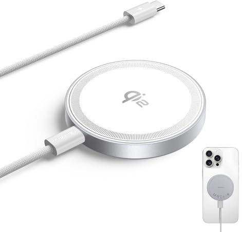 THREEKEY Chargeur sans fil MagSafe, certifié Qi2, 15 W, charge rapide avec iPhone 16 Pro Max/15/14/13/12, Samsung S25, chargeur magnétique avec câble USB-C de 5 pieds (blanc)