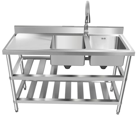 Free Standing Double Bowl Stainless Steel Utility Sink with Pull-out Faucet, Dual Bowl Commercial Kitchen Sink Stainless Steel Prep for Restaurant, Kitchen, Backyard, Garages, Outdoor
