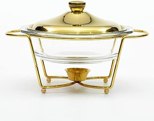 CWCQGH Chafing Dish in Acciaio Inox da 2 Litri, Set Completo per Buffet con teglia in Vetro, Coperchio per Contenitore del combustibile per Cucina, Matrimoni, Feste, Banche,Gold
