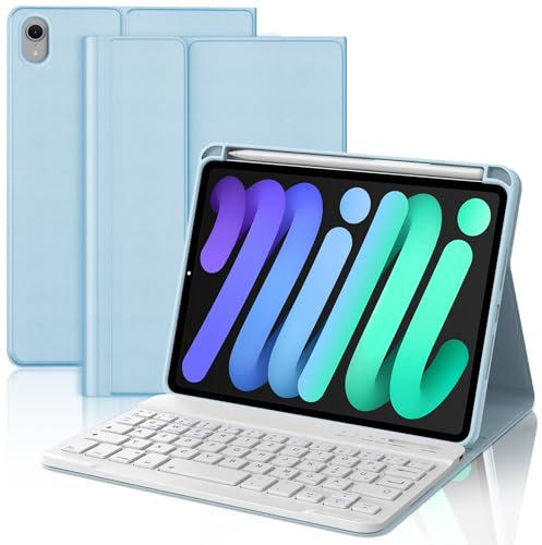 WAVATA Hülle mit Tastatur für iPad mini 7 8.3 A17 Pro/Mini 6 2021 Magnetisch Abnehmbare Bluetooth Kabellose QWERTZ Layout, Blau