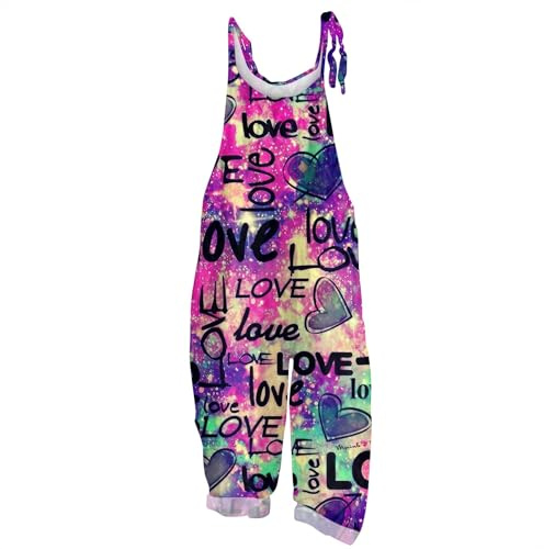 Jumpsuit Damen Sommer Elegant Sonnenblume Bunte Drucken Verstellbare Träger Lang Ärmellos Latzhose Lose Overalls Mit Große Taschen Boho Leinen Oversize Lässiger Playsuit Für Frauen Romper