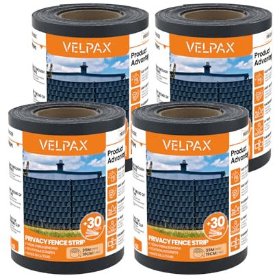 VELPAX 4 x Telo Frangivista Recinzione in PVC,450g/m² 35m x 19cm,Schermo per la Privacy della Recinzione,con Strisce di Fissaggio, Esterno Balcone,Grigio Scuro