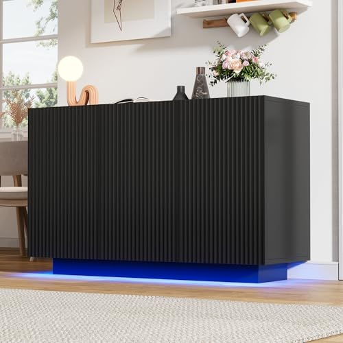 Merax Sideboard mit LED-Beleuchtung, Küchenschrank mit 3 Türen, Modern Kommode Anrichte Schrank Beistellschrank Mehrzweckschrank Standschrank Flurschrank, für Esszimmer, Wohnzimmer, Schwarz, 120cm