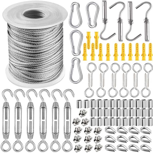 WYIPOLZI 95pcs Garden Wire - 30m/2mm Stainless Steel, M5 Turnbuckle Tensioner, Wire Rope Kit, Fence & Cable Railing Kit