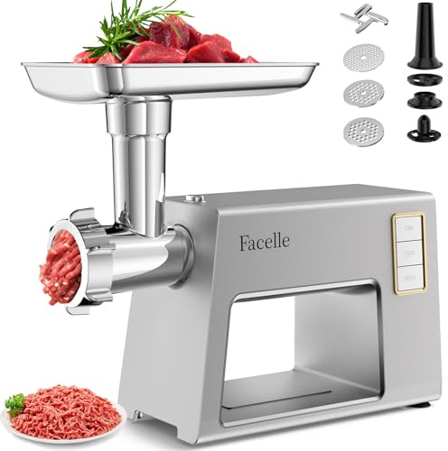 Facelle Fleischwolf Elektrisch Hausgeräte, 2000W mit Edelstahlklingen und 3 Edelstahl Lochscheiben, Wurststopfer und Kebbe-Aufsatz, Fleischwolf für Burger, Kibbeh, Hundefutter