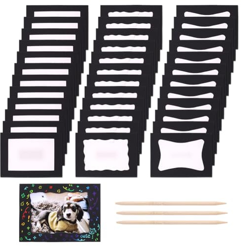 NBEADS 36 Pcs 3 Styles Scratch Picture Frame Craft Kits, Black Foil Scratch-Off Frame DIY Photo Display with Bamboo Scraping Sticks for Photo Decor Memories Arts Activity, 13×18cm