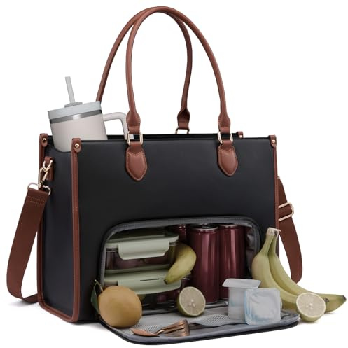 LOVEVOOK Arbeitstasche Damen mit Isolierted Kühlfach, Handtasche mittelgroß, 17,3 Zoll Laptoptasche Leder, Große Lehrertasche Lunchtasche Aktentasche für Schule, Uni, Büro, Schwarz-Beige-Braun