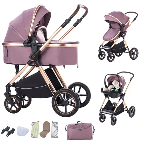 BEBBY Passeggino trio,Passeggino 3 in 1, Passeggino Canna Portatile Pieghevole,Passeggini Combinato Paesaggio Alto Telaio in Alluminio Per Neonato Passeggini (D2-Purple, H2-D)