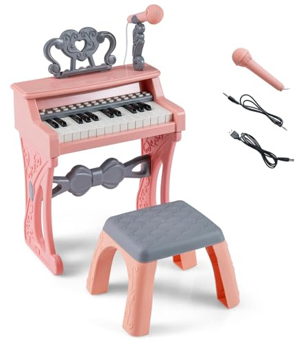 COSTWAY Set Tastiera Pianoforte per Bambini, Pianoforte Elettrico con 25 Tasti con Sgabello, Leggio e Microfono, Giocattolo Strumento Musicale per Bambini 3+ Anni