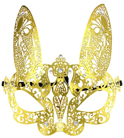 FIXOSHEE Masque de Bal Masqué en Alliage Métallique Doré à Motif Lapin, Demi-masque pour Femmes, Accessoire de Fête Carnaval, Masque Demi-visage pour Soirée Costumée et Cosplay