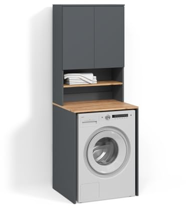 Livinity Waschmaschinenschrank Paolina, Anthrazit/Eiche, 68 x 88.2 cm | 2 Teile mit RegalZusätzlicher Stauraum über dem Gerät für Waschmittel und Zubehör