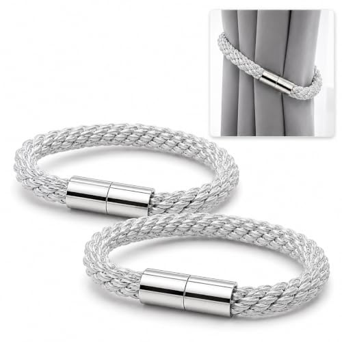 NianYunMei 2 Stück Magnetische Vorhang Raffhalter, Gardinen Raffhalter für Vorhänge mit Magnet, Vorhang Halter, Gardinenhalter, Baumwollseil Vorhanghalter für Wohnzimmer, Schlafzimmer, Büro (Grau)