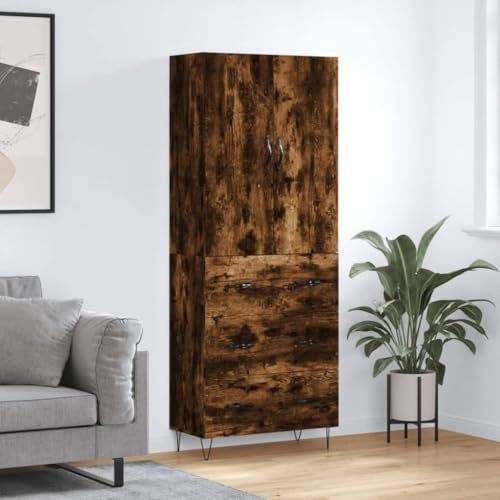 YunCangg Highboard, rökt ek, träbaserade material, 69,5 x 34 x 180 cm, med metallfötter, skänk, skåp för vardagsrum och kök, köksbuffé med gott om lagringsutrymme och praktiskt förvaringsutrymme