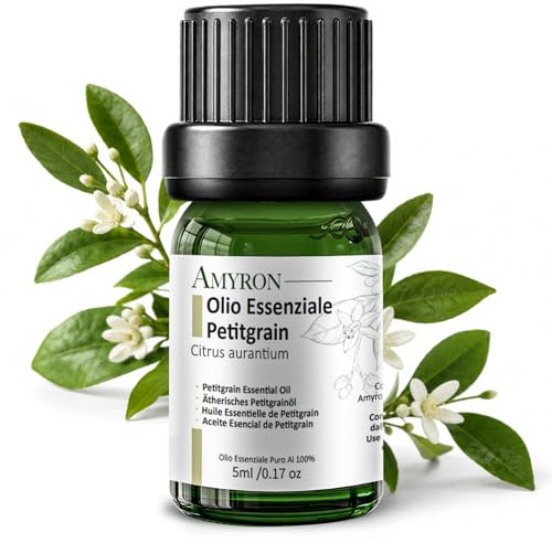 Olio Essenziale Petitgrain 5 ml AMYRON | Citrus Aurantium | Naturale E Puro Al 100% | Profumo Floreale Dolce ai Fiori d’Arancia | Ideale Per Aromaterapia | Diffusore | Massaggi Aromatici